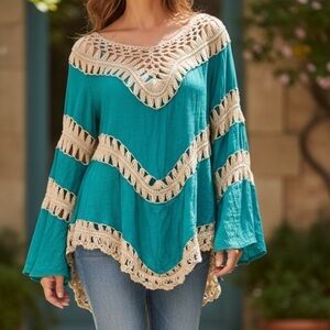🌼5 for $25🌼 Umgee Boho Crochet Macrame Teal Tan Coachella Top Size M
